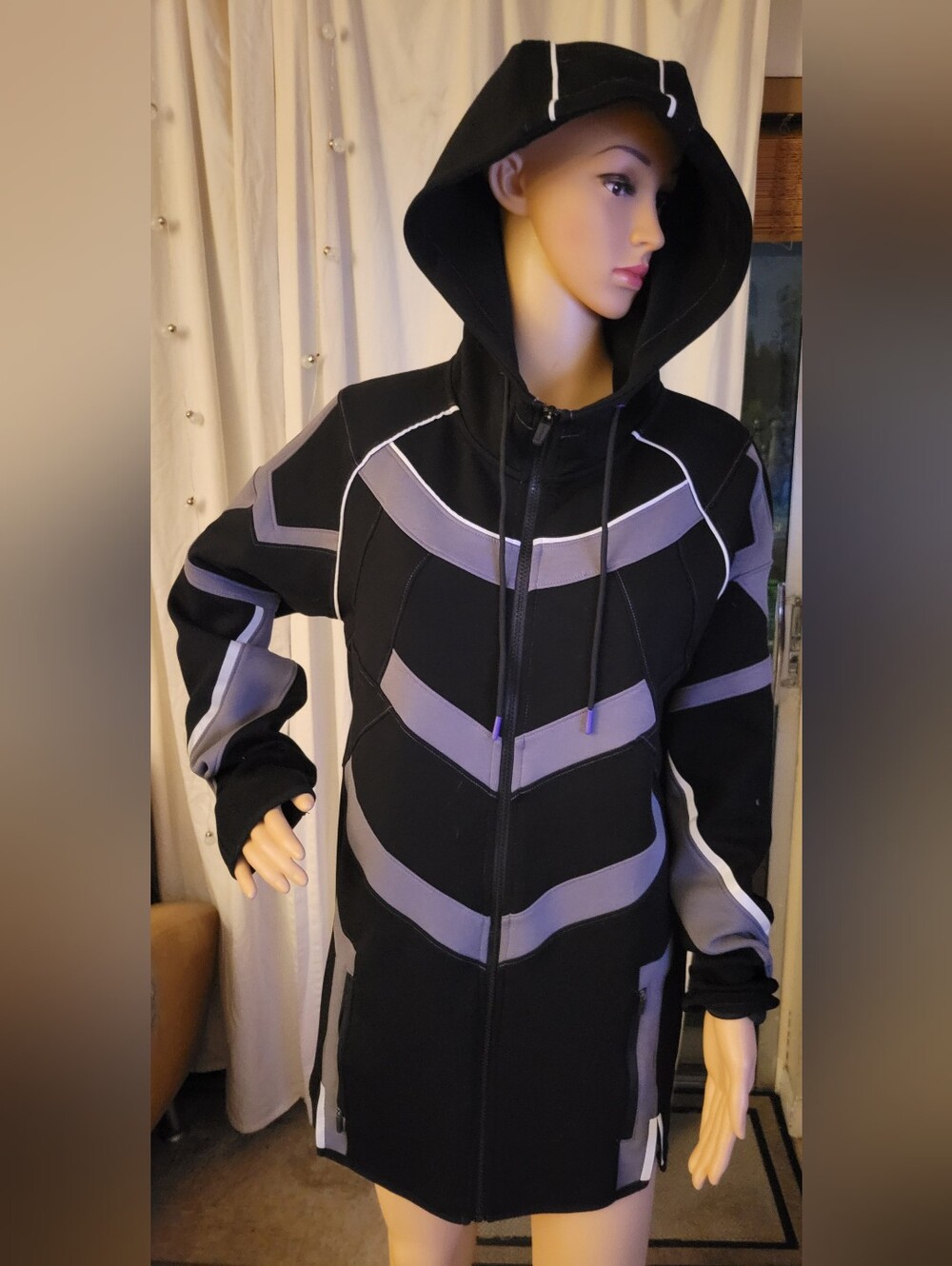 Super X Black Hooded Zip-Front Coat with Gray Panels